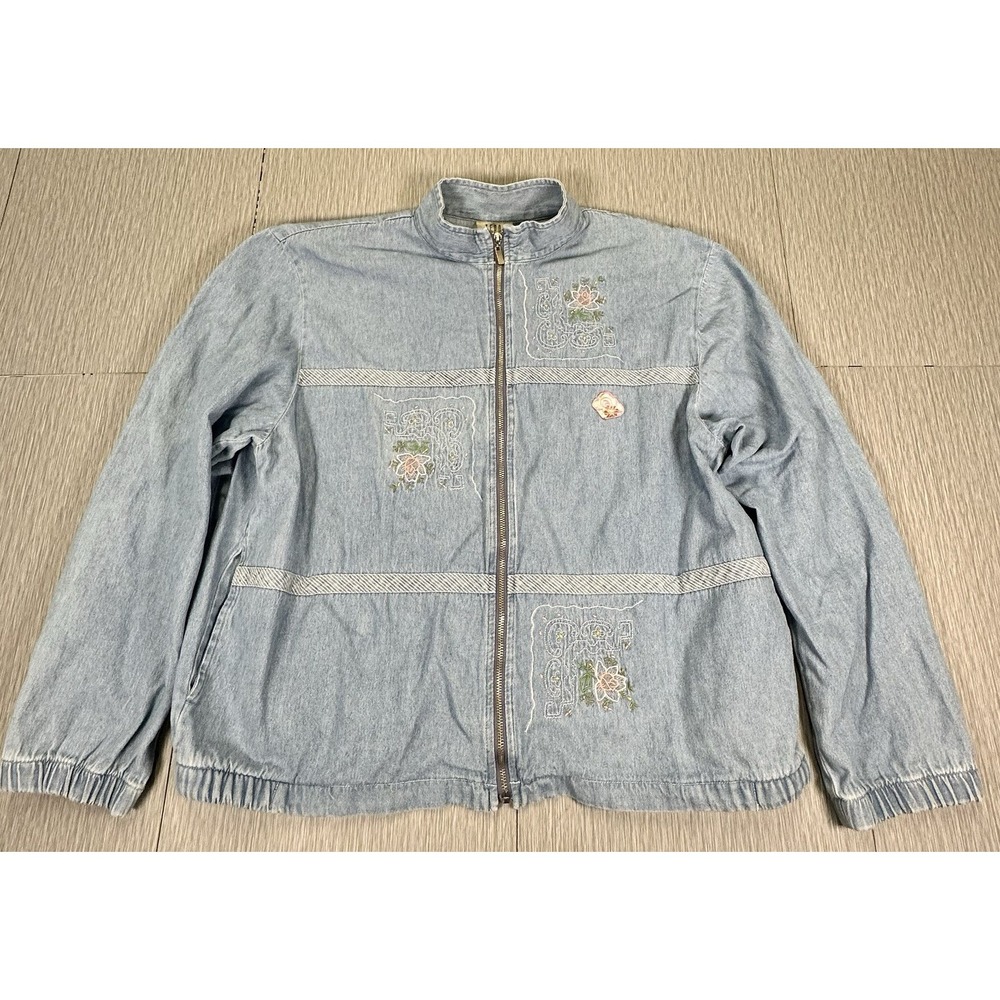 VINTAGE TEDDI Denim Full Zip Floral Embroidered Jean Jacket M/L